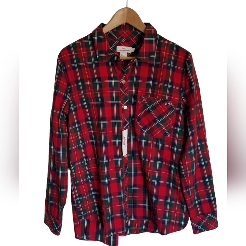 NWT Vineyard Vines Women's Plaid Red Green Twill Long Sleeve Shirt Size 14